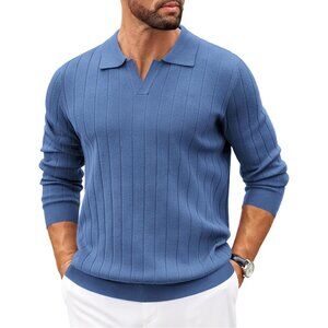 Coofandy Men Denim Blue Polo Long Sleeve V Neck Lightweight Pullover Sweater